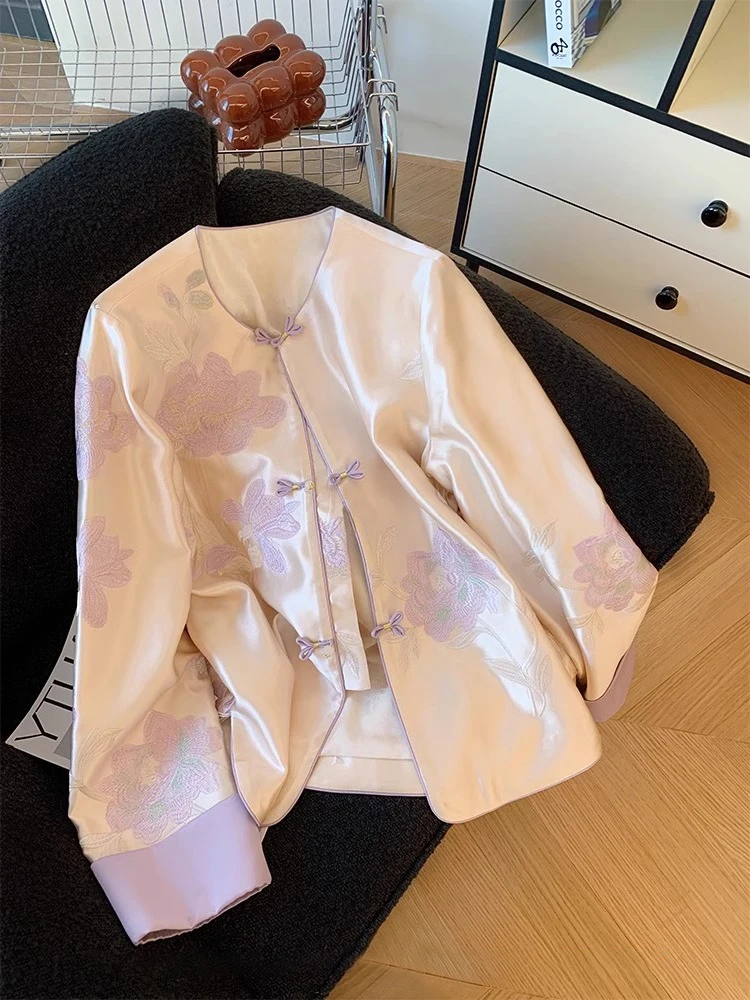 

Женская куртка в китайском стиле с воротником на пуговицах, весна-осень, улучшенный фасон, топ в стиле Тан, модный цветочный принт