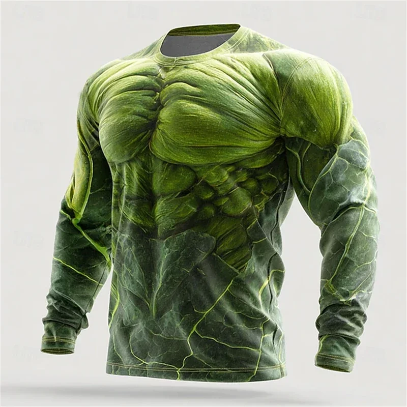 2026 Neues Herren-T-Shirt mit Kreativem Muskelstruktur-Print, Schnelltrocknend, Rundhals, Langarm-Oberteil, Lässiger Langarm-Pullover für Männer – Detail 8