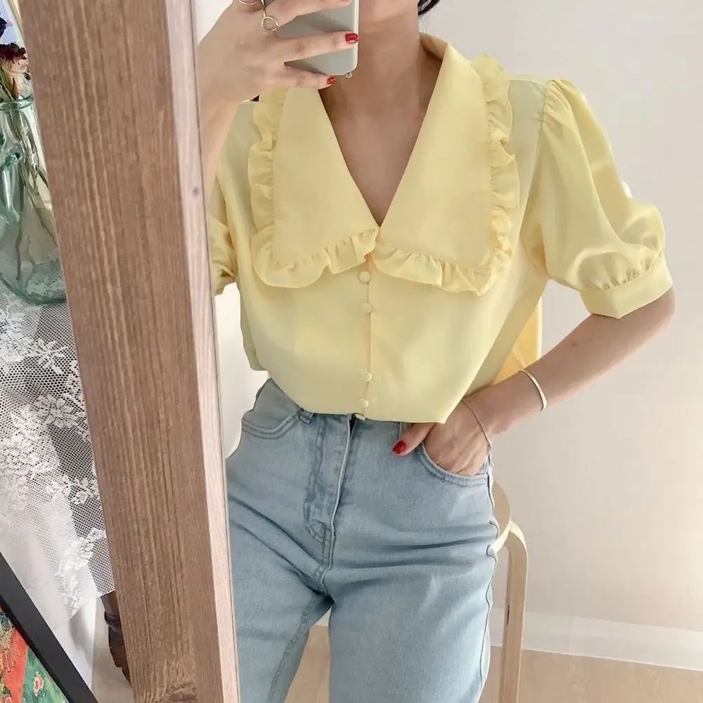 Women Blouses Yellow Peter Pan Collar Sweet Short Sleeve Ruched Ruffles Chiffon Korean Fashion Summer Loose Leisure Chic BF Ins