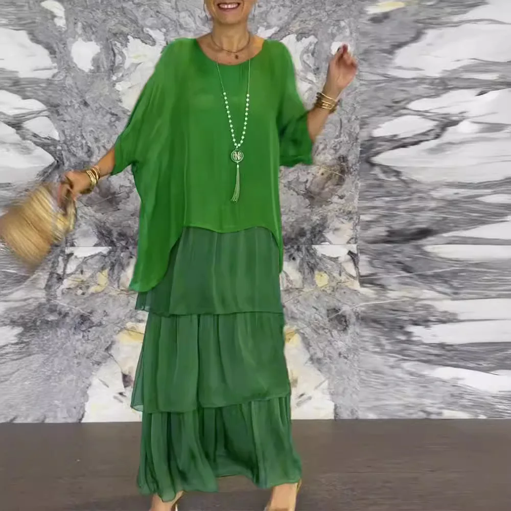 Mulheres elegantes vestidos de chiffon sólido primavera outono o pescoço feminino em camadas plissado meia manga bolo longo praia férias vestido 2025