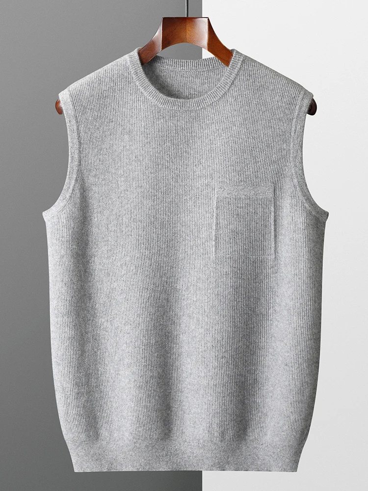 

Men's 100% Merino Wool Pullover Sweater O-neck Sleeveless Knitwear Vest Solid Color Autumn and winter Business Leisure Top