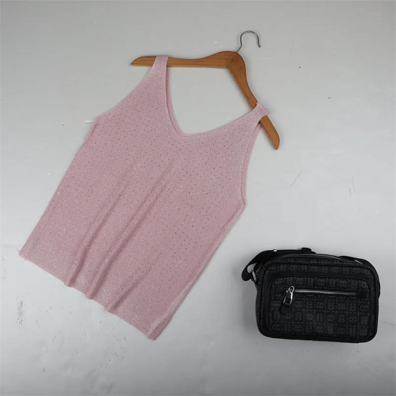 Gilet con scollo a V in maglia allentata alla moda con diamanti pieni per esterni ed interni estivi, con base alla moda