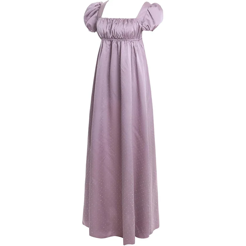 Lavender Regency Tea Party Gown Dot Cosplay Costume Short Sleeve Vintage Victorian Medieval High Waist Jane Austen Dress S-2XL