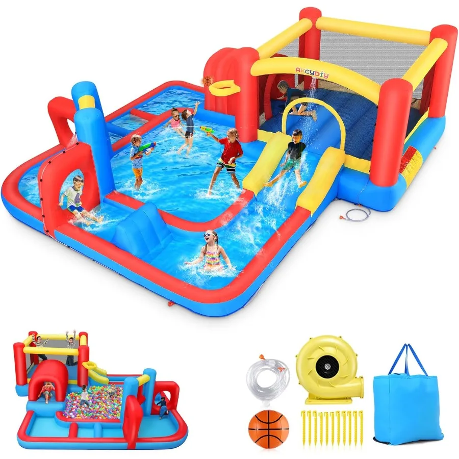 대형 물 미끄럼틀, 뒷마당용 풍선 놀이터, 대형 수영장 장애물 코스가 있는 실내외 물놀이공원