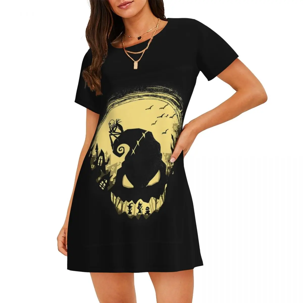 

Женская ночная рубашка с короткими рукавами на заказ Jack Skellington, ночные рубашки с короткими рукавами и живым скелетом, ночные рубашки для прогулок и отпуска