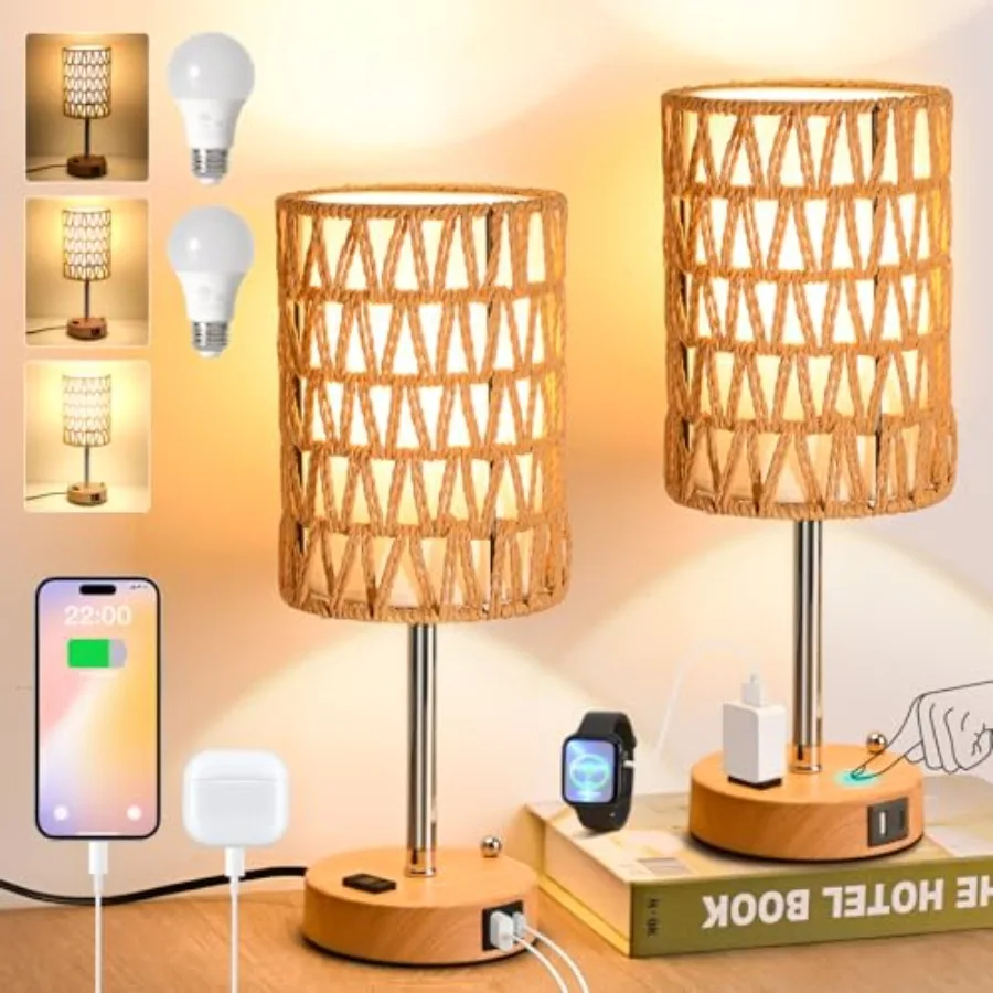 

Rattan Table Lamps for Living Room 3 Way Dimmable Touch Lamps Small Bedside Lamps with LED Bulbs Phone Stand USB Ports and AC O