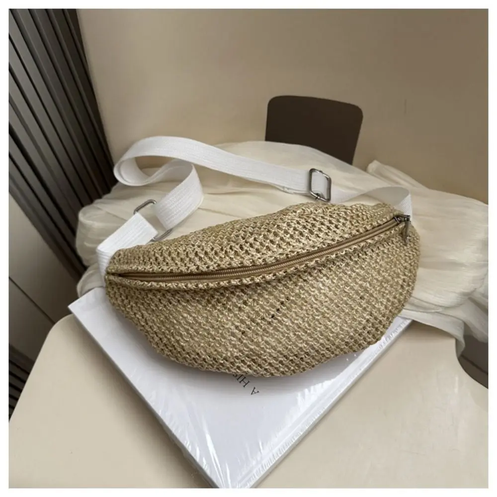 

Half Moon Straw Woven Bag Large Capacity Pocket Phone Bag Woven Handbag Phone Holder Anti-theft Adjustable Sports Pouch Sports