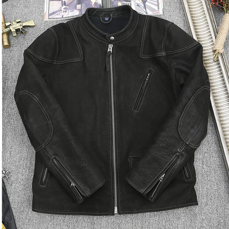 Black Spring Leather Jacket Men Sports Style Plus Size 4XL Genuine Natural Cow Suede Stand Collar Slim Fit Leather Coat