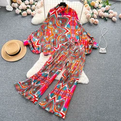 Fashion Print Set Pajama Sets for Women Two-piece Set Loose Lantern Sleeves Shirt High Waist Pleated Wide Leg Pants Home Suit