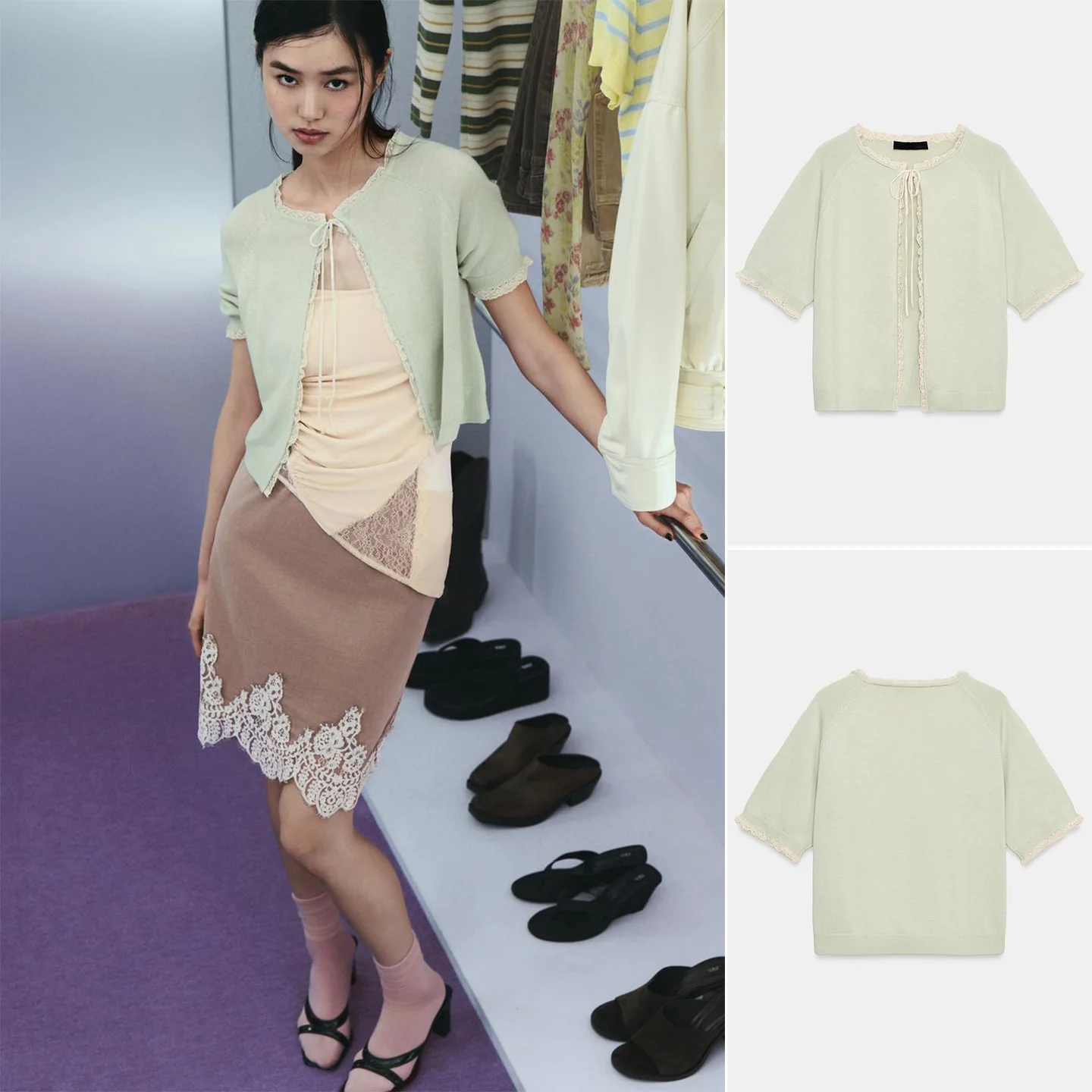 

Spring New Arrival Women's Casual Short Sleeve round Neck Knitted Jacket with Knot Flower Design Polyester Fiber