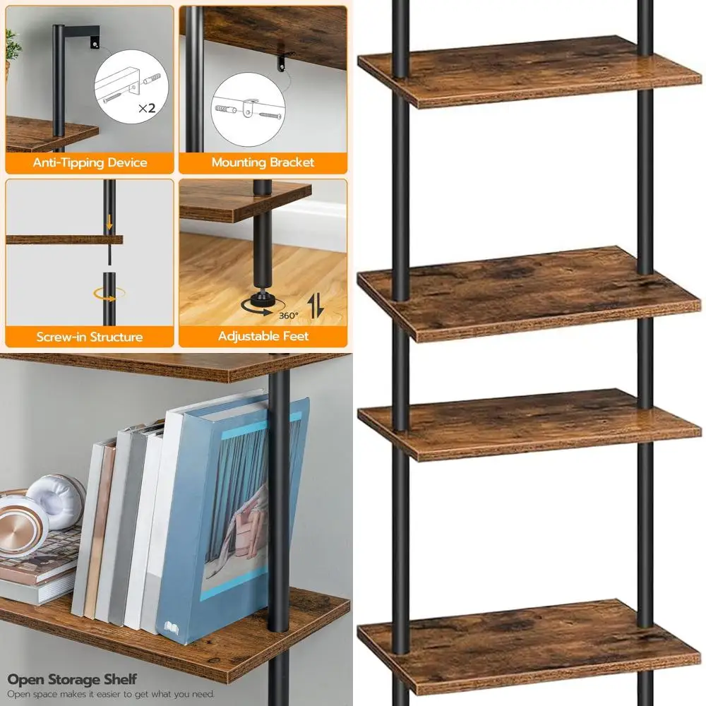 

6-Tier Wall-Mounted Wooden Shelf, Rustic Brown & Black, Storage and Display Rack for Living Spaces, Bedrooms, Studies, and Balco