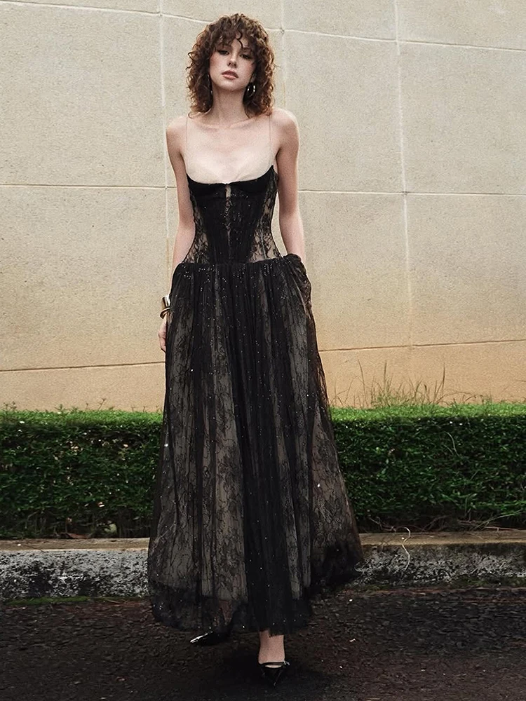 Estranho gato elegante vestido de festa à noite feminino sexy dupla camada jacquard malha retalhos baixo pescoço sem mangas tendência clube vestidos