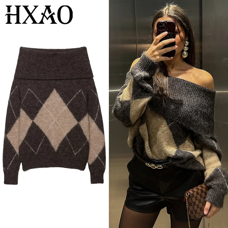 

HXAO Knit Argyle Pullovers Women's Sweater Autumn 2025 Chic Off-Shoulder Knitwear Women's Long Sleeve Top Korean Style Pullovers
