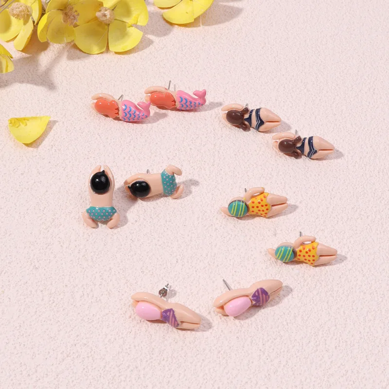 Cute Swimming Boy Girl Sport Stud Earrings For Women Girl Cartoon Resin Flatback Mermaid Earrings Hiphop Trendy Jewelry Dropship