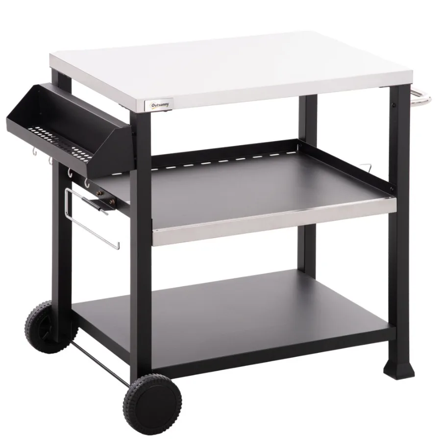 

Grill Cart Table Outdoor 3Shelf Stainless Steel Pizza Oven Stand Black with BBQ Wheels Side Handle
