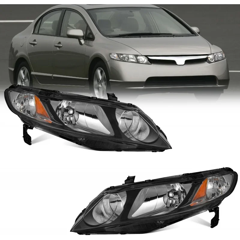 2006-2011 Civic 4-Door Headlights Replacement Headlight Pair Headlamp Black Housing Amber Reflector Left Right Sid