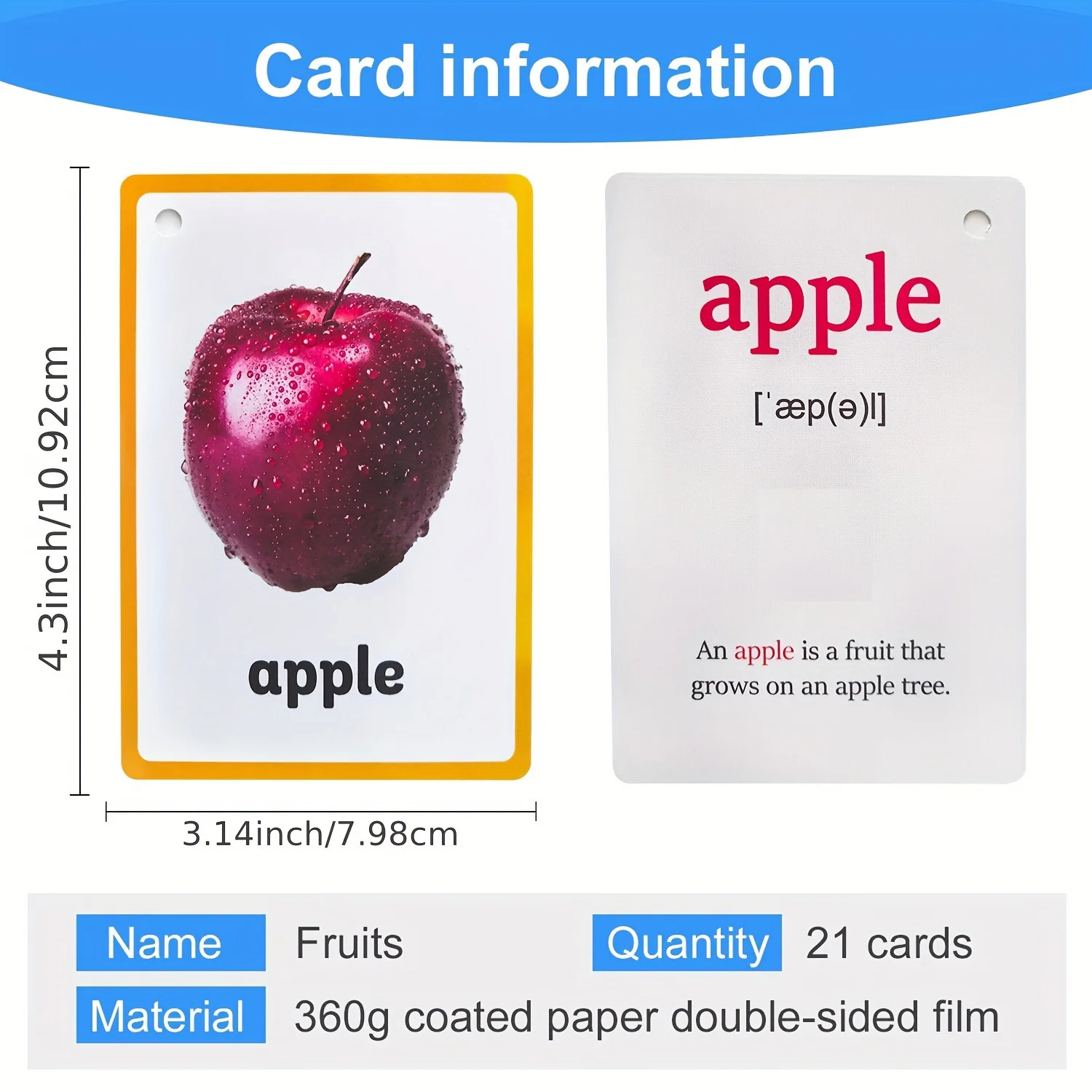 21Pcs Fruit Theme English Flashcards Homeschool Supplies Double Side Vocabulary Educational Learning Cards Cognitive Card