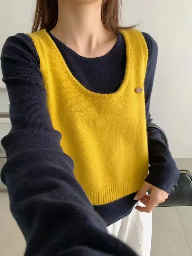 

Design Sensation Women's Knitted Long Sve Base irt And Vest Two-Piece Set Faionable Layering Autumn Collection