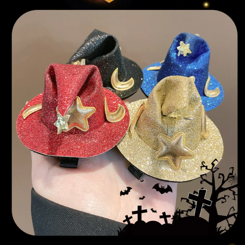 Halloween Witch Hat Hair Clip Mini Star Moon Witch Cap Hairpin Headdress Women Party Costume Ornaments Headwear Party Supplies