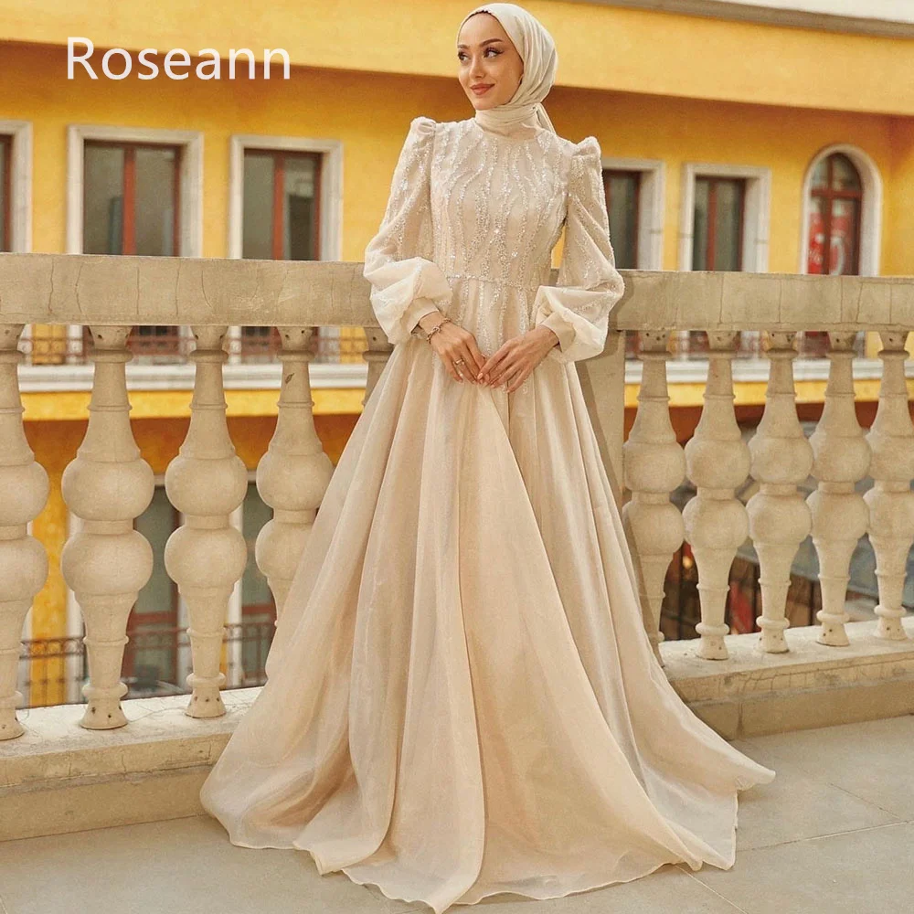 Muslim Retro A-line Wedding Dresses Full Lace Applique Paillette High Collar Floor Length Bride Gown Brush Train robe de mariée