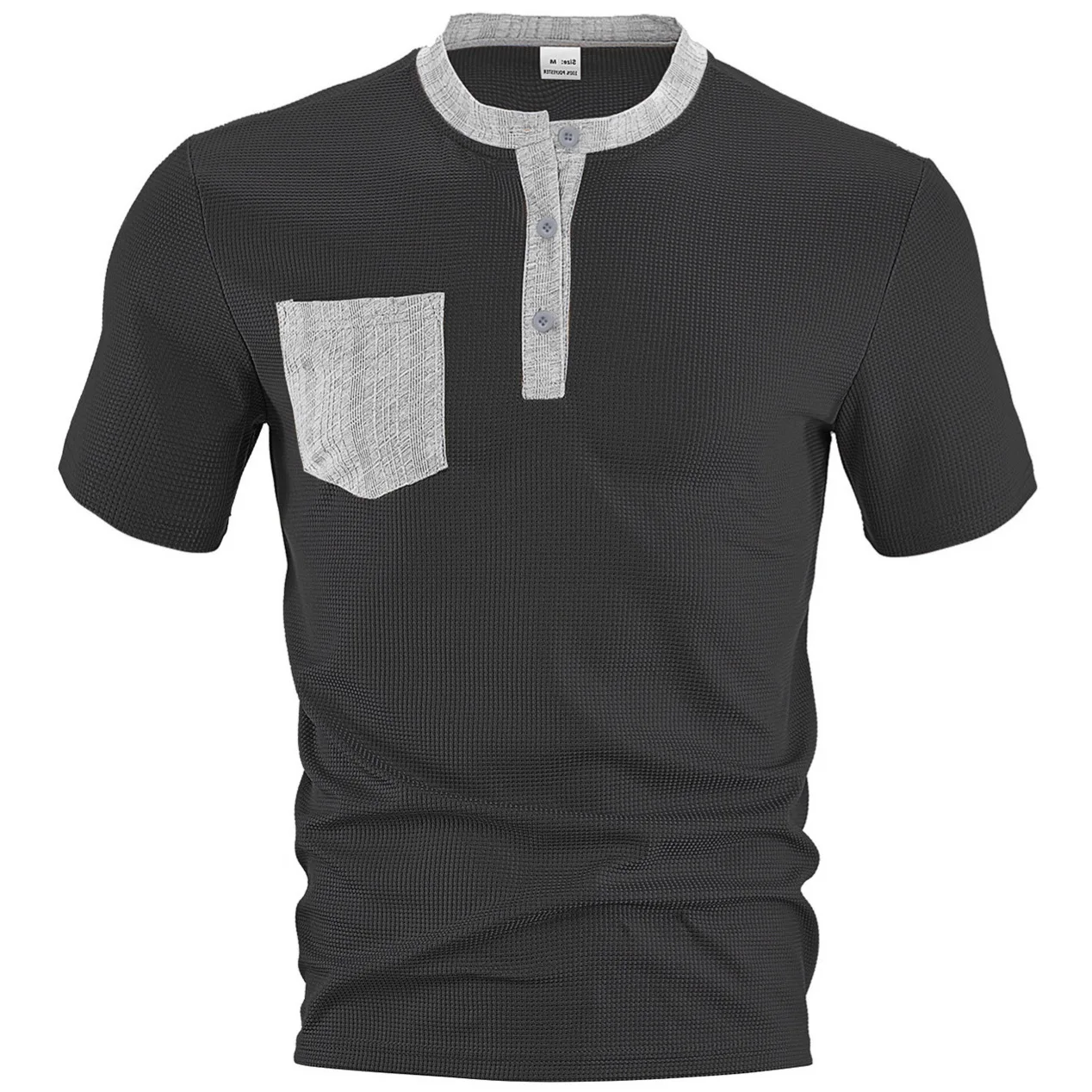 Men's Waffle Knit Contrast Henley T‑Shirt Short Sleeve Button Placket Chest Pocket Casual Summer Tops