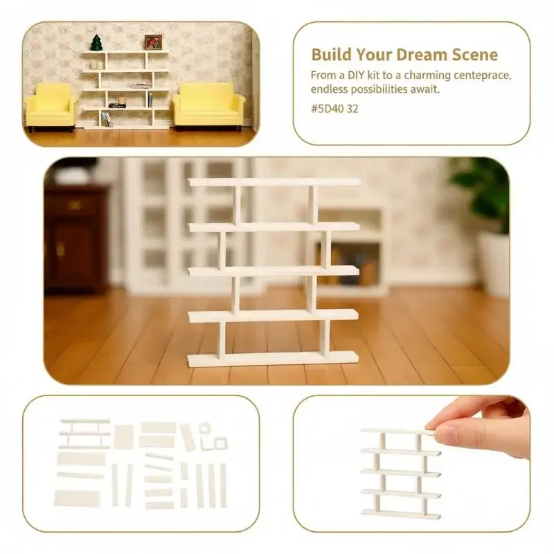 

1/12 Miniature Dollhouse Bookshelf White Shelf Rack 1:12 Scale Doll House Furniture Bookcase Living Room Scene Decor DIY Craft