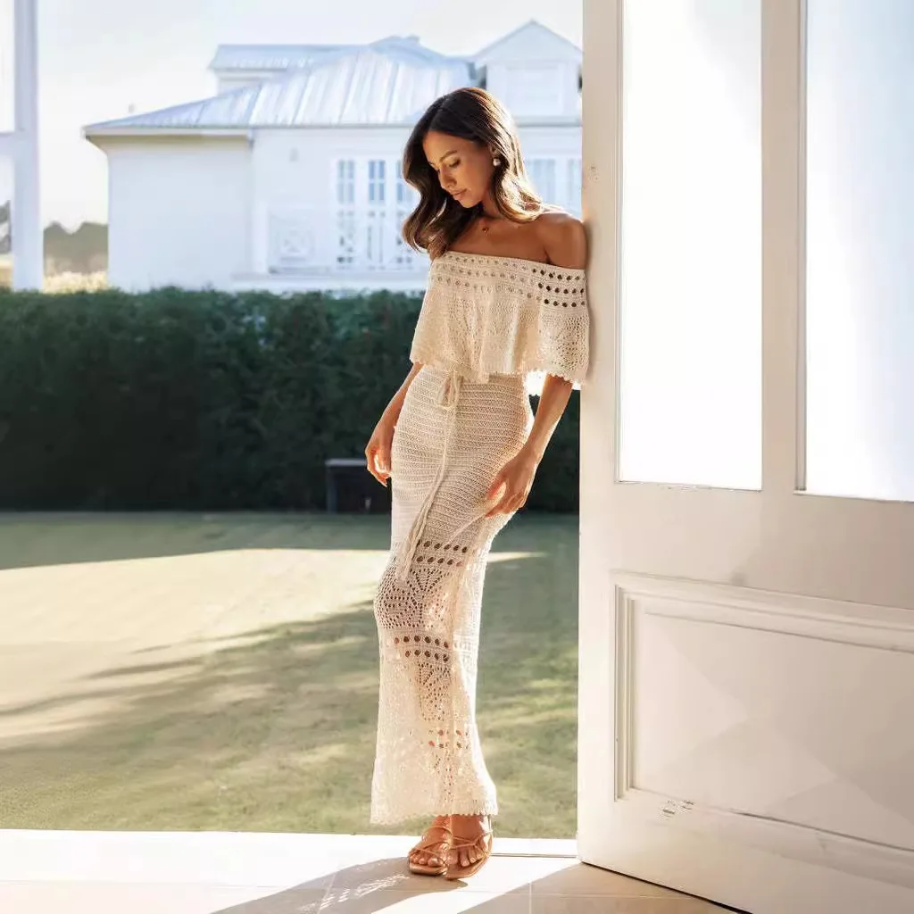 

New In Fashion Spring Summer Momen Dresses Casual Hollow Lace Up Shawl Dress Long Dress Streetwear Pattern Hollow Tie Up Dress