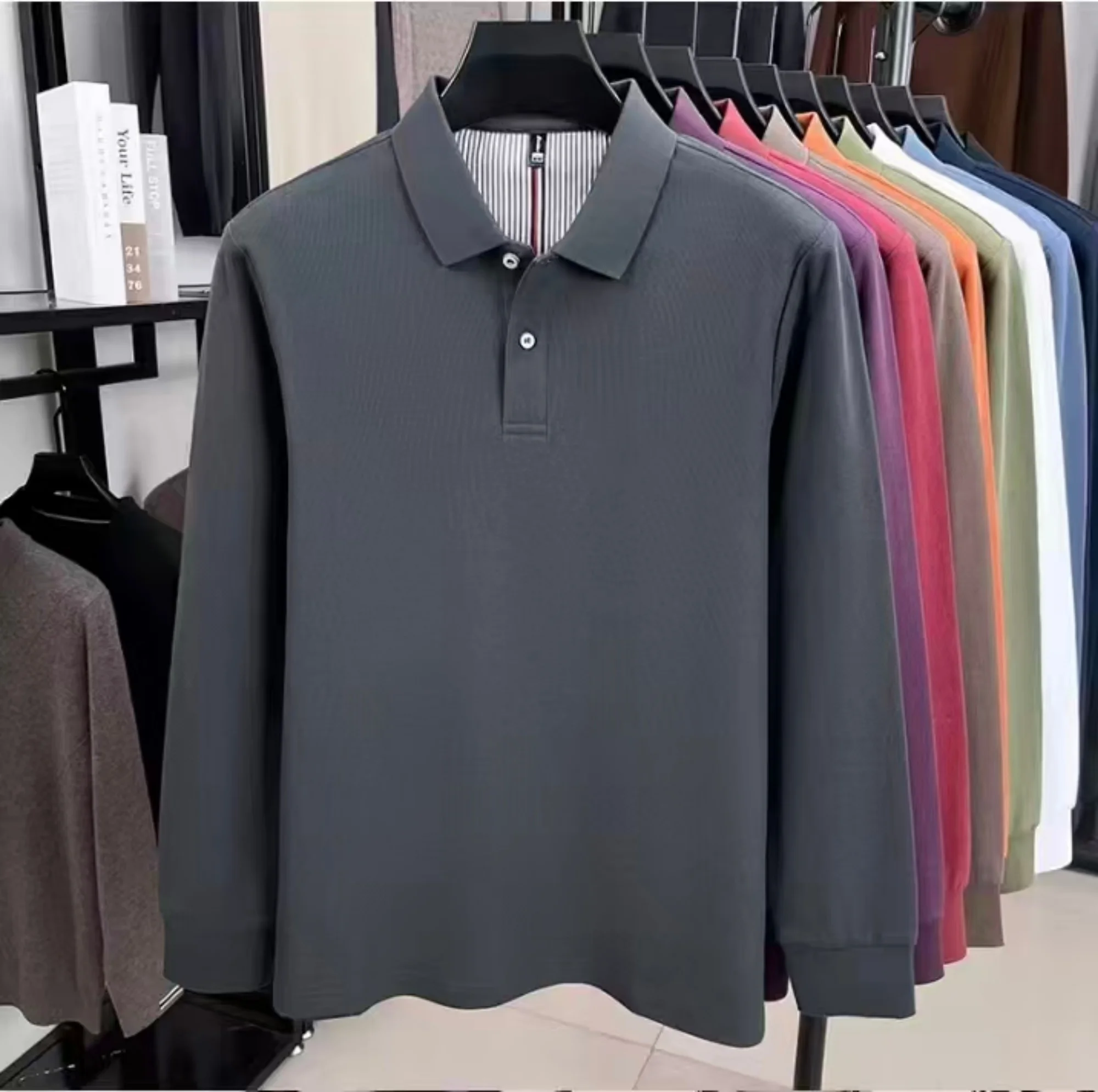 Hochwertiges Herren-Poloshirt aus reiner Baumwolle mit langen Ärmeln, exquisitem Luxuskragen, atmungsaktivem Komfortstoff, vielseitig für den Alltag geeignet. – Detail 13