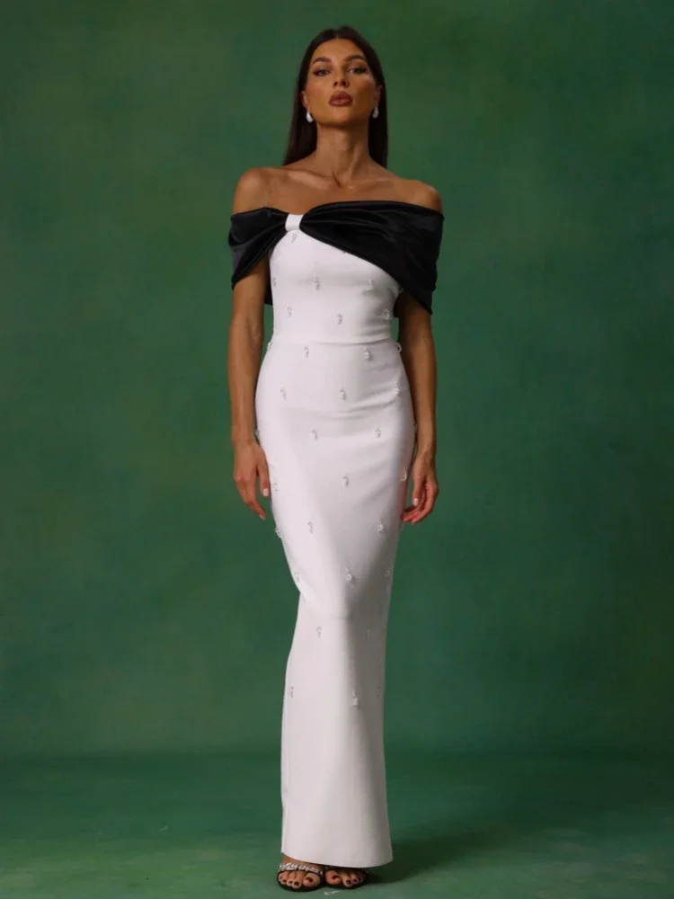 

Sexy Off the Shoulder Patchwork Beaded Bandage Dress Women White Black Bowkont Bodycon Long Dresses Evening Party Gowns