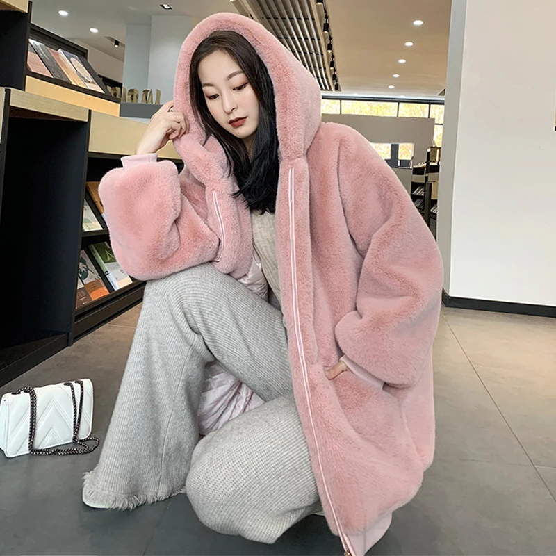 Elegant Lady Mink Fur Coat Zipper Hooded Jacket Women's Faux Fur Overcoat Harajuku Oversize Loose Jackets and Coats Korean