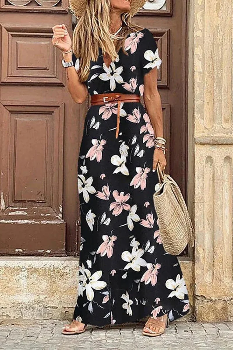 Women's 2023 Floral Summer Dress Wrap V Neck Short Sleeve Belted Ruffle Hem Bohemian Maxi Sun Dresses with Belt A Black