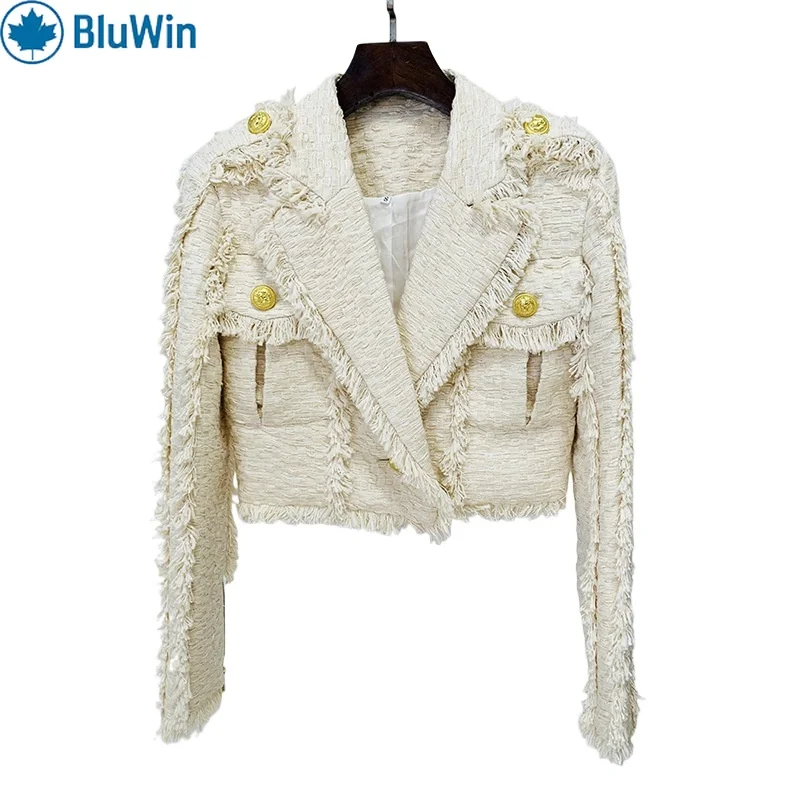 

URBANCHIC Bouclé Short Jacket for Women - Double-Breasted Look, Fringe Details, Fully Lined, 2 Colors