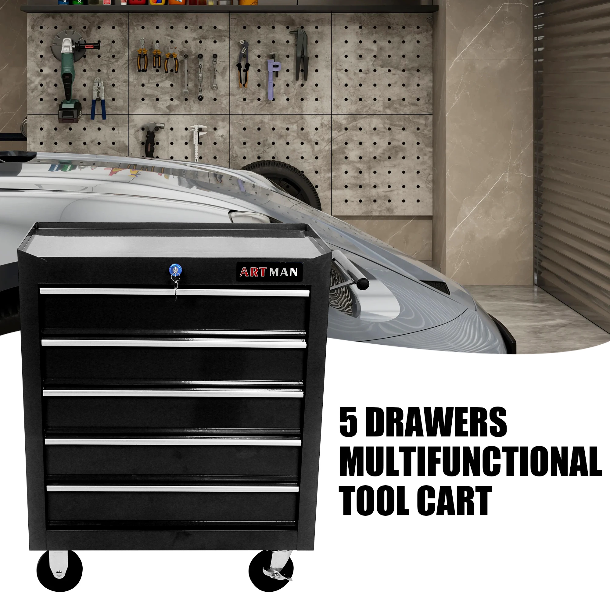 

5 DRAWERS MULTIFUNCTIONAL TOOL CART WITH WHEELS-BLACK