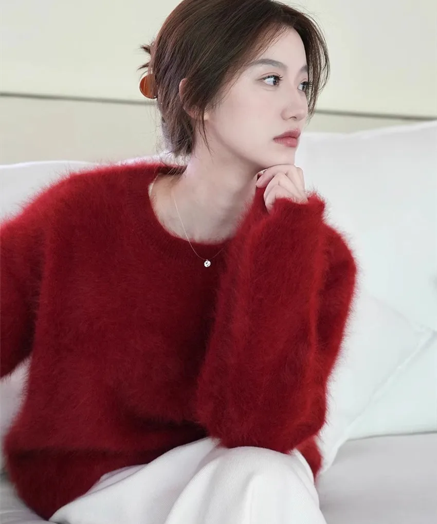 2024 New Year Red Mohair Soft Loose Sweater Fashion Lazy Autumn Winter Long Sleeve O Neck Hairy Knitted Warm Pullovers For Women