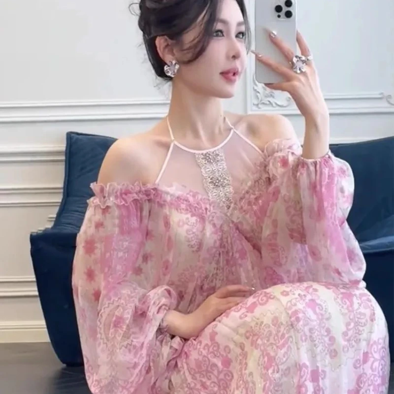 

French Retro Pink Shoulder Slip Dress 2024 Princess Prom Dress Women Spring Summer Long Sleeve Elegant Loose Vestido