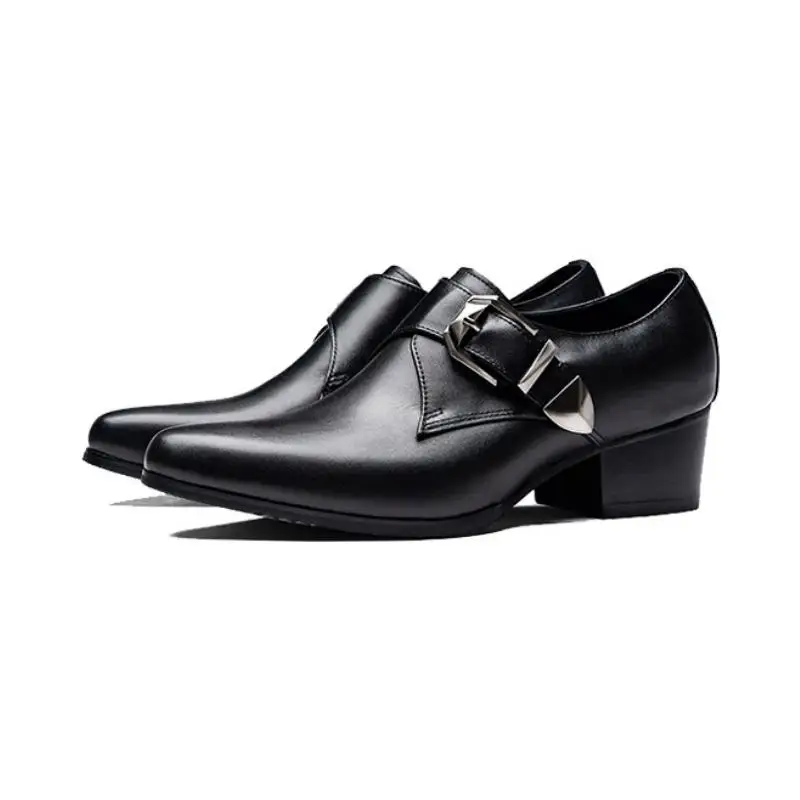 

New Pointed Toe Buckle Quality Cow Leather Dress Shoes Men Height Increasing High Heels Mens Daily Office Work Business Shoes