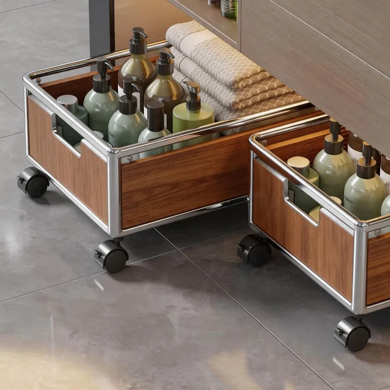Bathroom cabinet, removable wheeled laundry basket, trolley, solid wood laundry basket, storage basket under the toilet