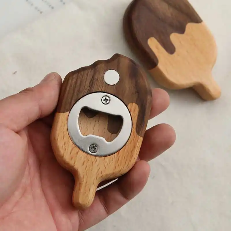 

Handmade Wooden Ice Cream Shape Bottle Opener - Magnetic Fridge Magnet Decor, Novelty Beer Bottle Opener, Functional Goods