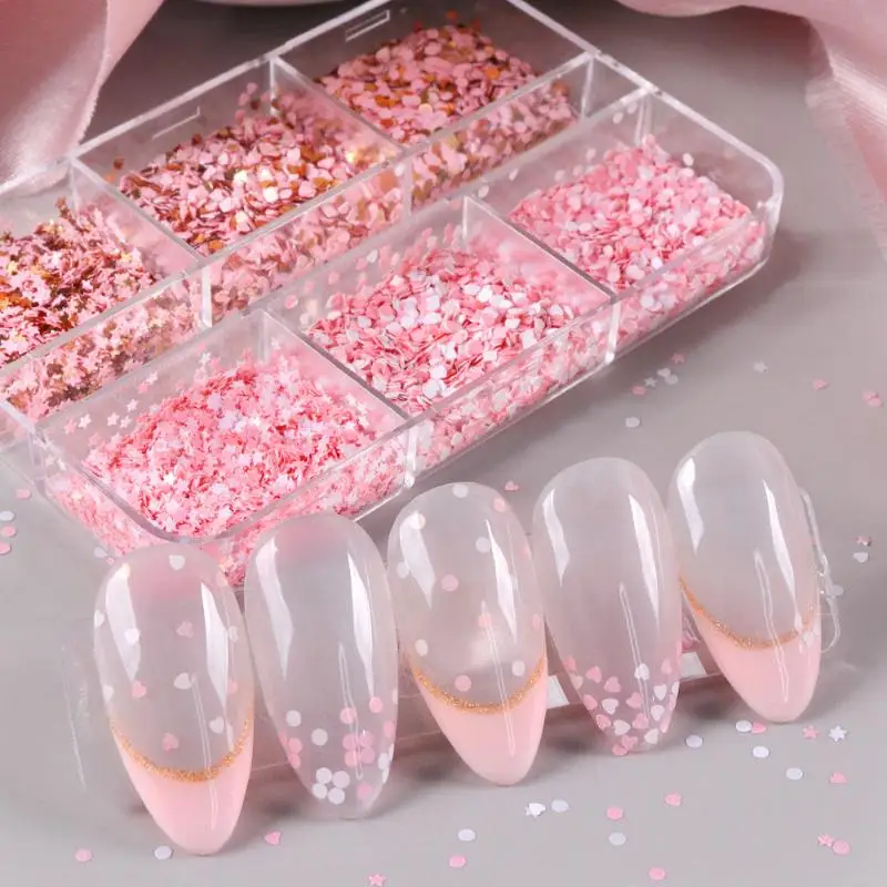 6 Grids Cute Heart Glitter Nail Sequins Kawaii Mini Golden Red Laser Love Round Nail Flake Korean Star DIY Nail Charm Supplies