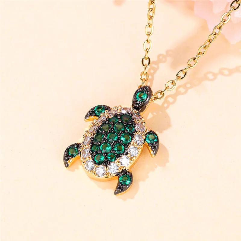 Cute Female Green Turtle Animal Pendant Necklace Vintage Yellow Gold Color Wedding Jewelry Gift For Women