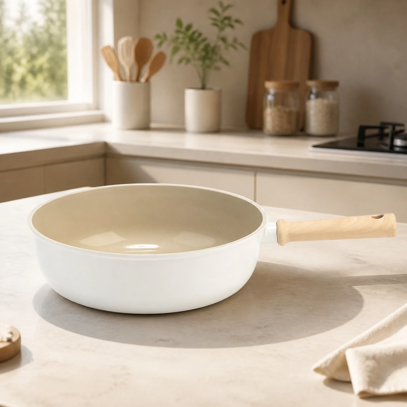 Lightweight 30cm Aluminum Cooking Pan with Wood-look Handle Nonstick Frying Pan for Family Meals