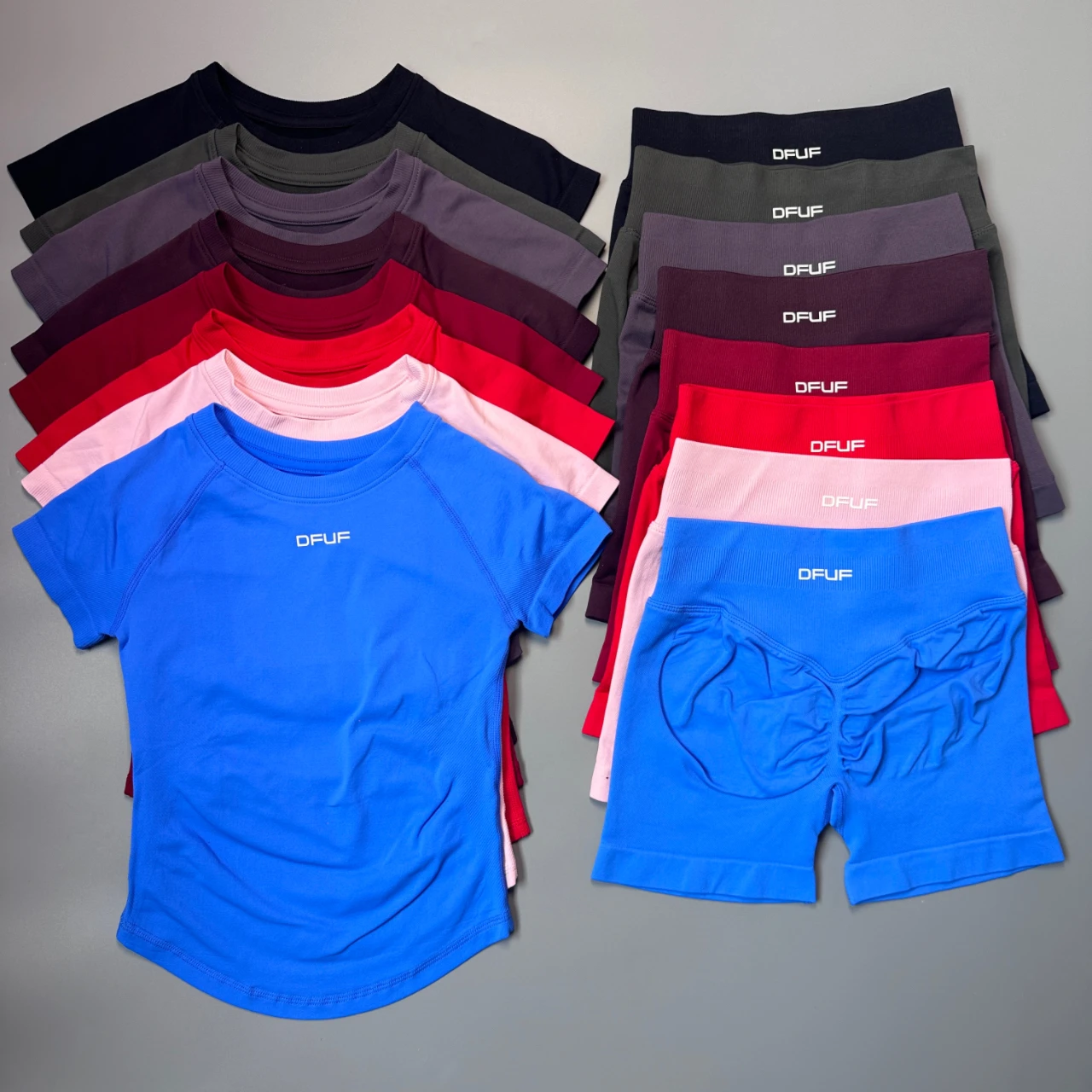 DFUF 2 Pcs Women Seamless Yoga Set Short Sleeve Top & High Waist Scrunch Shorts Gym Workout Running Fitness Sportswear Suit