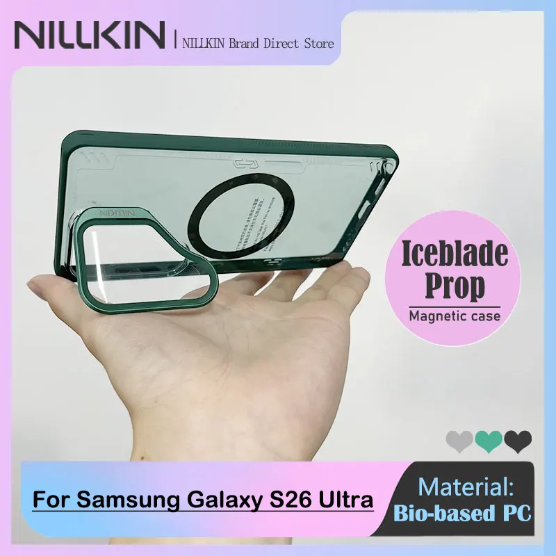 

For Samsung Galaxy S26 Ultra NILLKIN Eco-Friendly Clear Case Anti-Yellowing Bio-Based Material Magnetic with Aluminum Lens Stand