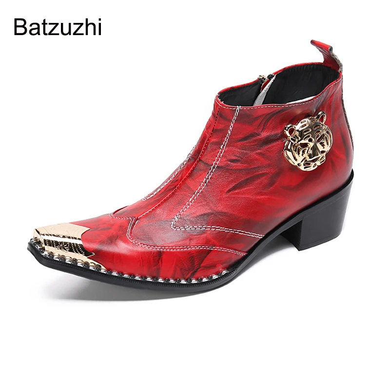 

Batzuzhi Handmade Boots Men Western Fashion Pointed Golden Iron Toe Leather Ankle Boots for Men Red Party, Wedding Botas Hombre!