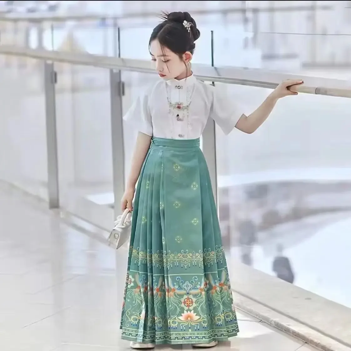 Original Green Print Hanfu Mamianqun Chinese Traditional Clothing Girl Tang Suit Elegant Horse Face Skirt