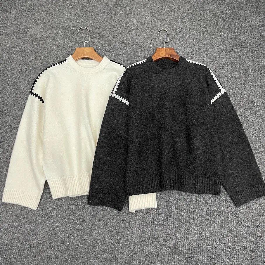 Withered High Quality Spring Casual Nordic Retro Wool Sweater Women Embroidered Round Neck Loose Contrast Knitted Pullover Top