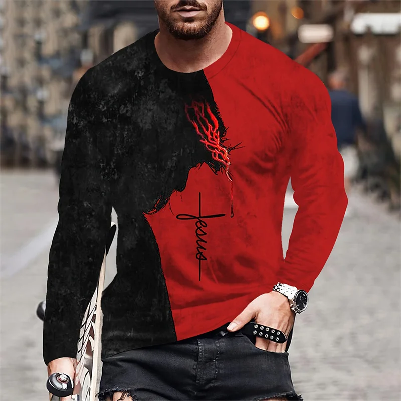 2026 T-shirt da uomo con motivo ad ala incrociata Gesù Cristo 3D stampato autunno/inverno casual manica lunga taglie forti girocollo T-shirt