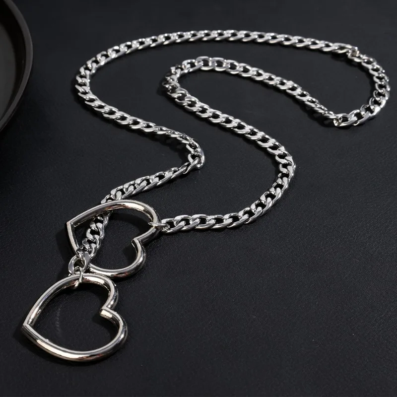 New Stainless Steel Lariat Heart Necklace Personality Heavy Punk Rock Cuban Long Chain Ring Slip Chain for Women Choker Collar