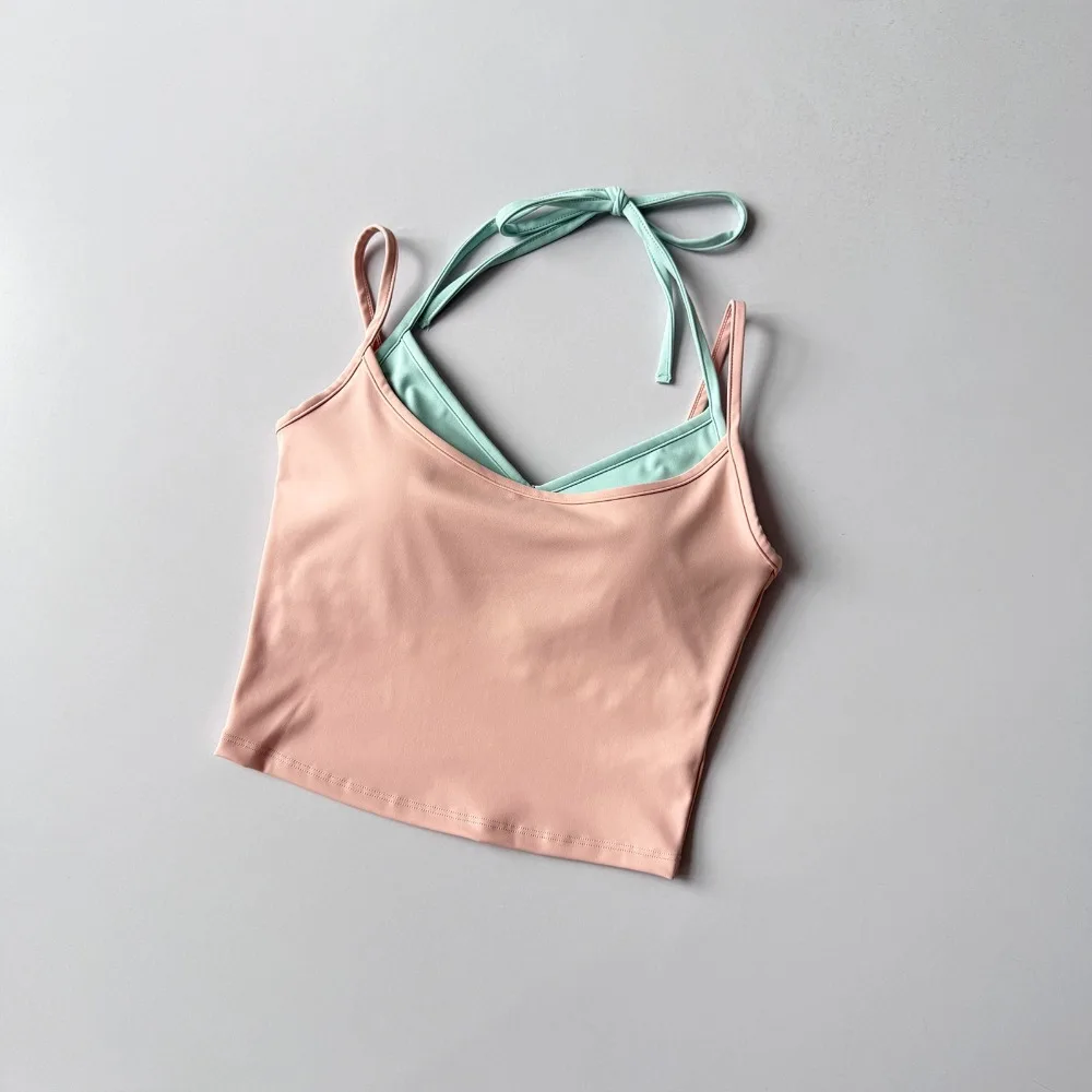 Fake Two Piece Sports Bra Double Shoulder Strap Halterneck Design Fitness Bra Quick Dry One-piece Construction Running Vest