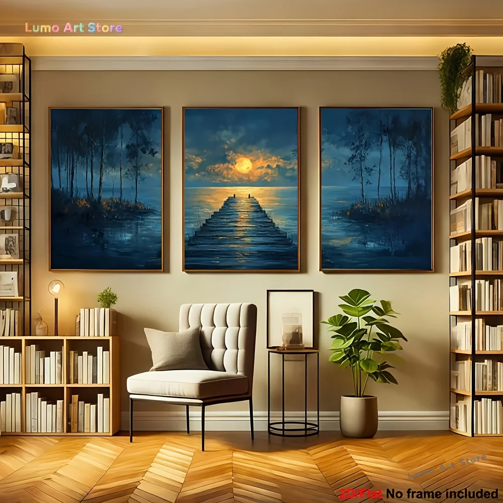 2D Flat, 3pcs Modern Abstract Frameless Canvas - Moonlight Harbor Misty Tree Landscape Paintings Suitable for Living